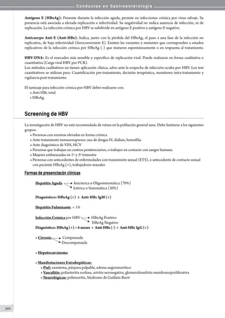 C o n d u c t a s e n G a s t r o e n t e r o l o g í a
310
Antígeno E (HBeAg): Presente durante la infección aguda, persiste en infecciones crónica por virus salvaje. Su
presencia está asociada a elevada replicación e infectividad. Su negatividad no indica ausencia de infección, ni de
replicación. La infección crónica por HBV se subdivide en antígeno E positivo y antígeno E negativo.
Anticuerpo Anti E (Anti-HBe): Indica, junto con la pérdida del HBeAg, el paso a una fase de la infección no
replicativa, de baja infectividad (Seroconversión E). Existen las variantes y mutantes que corresponden a estados
replicativos de la infección crónica por HBeAg (-) que mutaron espontáneamente o en respuesta al tratamiento.
HBV-DNA: Es el marcador más sensible y específico de replicación viral. Puede realizarse en forma cualitativa o
cuantitativa (Carga viral HBV por PCR).
Los métodos cualitativos no tienen aplicación clínica, salvo ante la sospecha de infección oculta por HBV. Los test
cuantitativos se utilizan para: Cuantificación pre-tratamiento, decisión terapéutica, monitoreo intra-tratamiento y
vigilancia post-tratamiento.
El tamizaje para infección crónica por HBV deber realizarse con:
• Anti-HBc total
• HBsAg.
Screening de HBV
La investigación de HBV no está recomendada de rutina en la población general sana. Debe limitarse a los siguientes
grupos:
• Personas con enzimas elevadas en forma crónica
• Ante tratamiento inmunosupresor, uso de drogas IV, diálisis, hemofilia
• Ante diagnóstico de VIH, HCV
• Personas que trabajan en centros penitenciarios, o trabajos en contacto con sangre humana
• Mujeres embarazadas en 1º y 3º trimestre
• Personas con antecedentes de enfermedades con transmisión sexual (ETS), o antecedente de contacto sexual
con paciente HBsAg (+), trabajadores sexuales
Formas de presenctacón clínicas
Hepatitis Aguda              Anicterica u Oligosintomática (70%)
                                                Ictérica o Sintomática (30%)
Diagnóstico: HBsAg (+)  ±  Anti-HBc IgM (+)
Hepatitis Fulminante  1%
Infección Crónica por HBV   HBeAg Positivo
		 	 	 	                 HBeAg Negativo
Diagnóstico:HBsAg(+)6meses  +  Anti-HBs(-)  +  Anti-HBcIgG(+)
• Cirrosis   Compensada
		                       Descompensada
• Hepatocarcinoma
• Manifestaciones Extrahepáticas:
Piel: exantema, púrpura palpable, edema angioneurótico
Vasculitis: poliarteritis nodosa, artritis seronegativa, glomerulonefritis membranoproliferativa
Neurológicas: polineuritis, Síndrome de Guillain-Barré
 