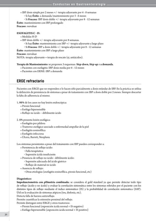 C o n d u c t a s e n G a s t r o e n t e r o l o g í a
32
• IBP dosis simple por 2 meses +/- terapia adyuvante por 4 - 8 semanas
o  Si hay Éxito: a demanda/mantenimiento por 3 - 6 meses
o  Si Fracasa: IBP dosis doble +/- terapia adyuvante por 8 - 12 semanas
Éxito: mantenimiento con IBP prolongado
Fracaso: reevaluar
ESOFAGITIS C - D:
• Medidas H-D
• IBP dosis doble +/- terapia adyuvante por 8 semanas.
o  Si hay Éxito: mantenimiento con IBP +/- terapia adyuvante a largo plazo
o  Si Fracasa: IBP a dosis doble +/- terapia adyuvante por 8 - 12 semanas
Éxito: mantenimiento con IBP a largo plazo
Fracaso: reevaluar
NOTA: terapia adyuvante = terapia de rescate (ej. antiácidos).
Terapia de Mantenimiento: se proponen 3 esquemas: Step-down, Step-up o a demanda.
• Pacientes con esofagitis: IBP dosis media por 6 - 12 meses
• Pacientes con ERNE: IBP a demanda
ERGE refractario
Pacientes con ERGE que no responden o lo hacen sólo parcialmente a dosis estándar de IBP. En la práctica se utiliza
la definición de persistencia de síntomas a pesar de tratamiento con IBP a dosis doble por 2 meses. Siempre descartar
la falta de adherencia al mismo.
1. 95% de los casos no hay lesión endoscópica:
• Pirosis funcional
• Esófago hipersensible
• Reflujo no ácido – débilmente ácido
2. 5% presenta lesión esofágica:
• Esofagitis por píldora
• Trastorno esofágico asociado a enfermedad ampollar de la piel
• Esofagitis eosinofílica
• Esofagitis infecciosa
• Úlcera, Barrett, Neoplasia
Los síntomas persistentes a pesar del tratamiento con IBP pueden corresponder a:
• Persistencia de reflujo ácido:
o  Falla terapéutica
o  Supresión ácida insuficiente
• Presencia de reflujo no ácido - débilmente ácido:
o  Supresión adecuada del ácido gástrico
o  Reflujo de material no ácido
• Ausencia de reflujo:
o  Otras etiologías (esofagitis eosinofílica, pirosis funcional, etc)
Diagnóstico:
Impedanciometría con pHmetría combinada: se considera el gold standard ya que permite detectar todo tipo
de reflujo (ácido y no ácido) y evaluar la correlación sintomática entre los síntomas referidos por el paciente con los
distintos tipos de reflujo mediante el índice sintomático (IS) y la probabilidad de correlación sintomática (SAP).
Útil en la evaluación de síntomas atípicos (tos, disfonía, etc).
Detecta falla de barrera antirreflujo.
Permite cuantificar la extensión proximal del reflujo.
Permite distinguir entre ERGE y otros trastornos:
• Pirosis funcional (exposición ácida normal + IS negativo)
• Esófago hipersensible (exposición ácida normal + IS positivo)
 
