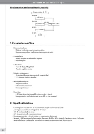 C o n d u c t a s e n G a s t r o e n t e r o l o g í a
336
Historia natural de la enfermedad hepática por alcohol
1. Esteatosis alcohólica
• Presentación clínica:
o  Hallazgo incidental en paciente asintomático
o  Síntomas inespecíficos (malestar en hipocondrio derecho)
• Examen físico:
o  No hay estigmas de enfermedad hepática
o  Hepatomegalia
• Laboratorio:
o   leve de TGO, FAL y GGT
o   Función hepática normal
• Estudios por imágenes:
o   Ecografía abdominal: incremento de ecogenicidad
o  TC: disminución de la densidad
• Hallazgos histológicos:
o  Megamitocondrias
o  Esteatosis microvacuolar
o  Fibrosis perivenular
• Pronóstico:
o  5-20% pueden evolucionar a fibrosis progresiva y cirrosis
o  Buen pronóstico con la abstinencia (reversible en 4- 6 semanas)
2. Hepatitis alcohólica
• Constituye una exacerbación de una enfermedad hepática crónica subyacente
• Alta ingesta de alcohol en corto período de tiempo
• 40% de mortalidad a los 6 meses
• 50% tiene cirrosis en la presentación inicial
• Frecuente progresión a cirrosis incluso en pacientes con abstinencia
• Se asocia a HTP sin cirrosis (la balonización disminuye el calibre de los sinusoides hepáticos y junto a la fibrosis
perivenular llevan a enfermedad venooclusiva con aumento de resistencia al flujo hepático)
 