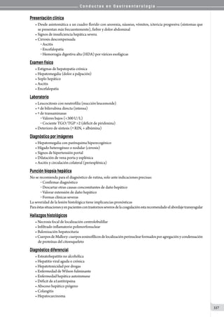 C o n d u c t a s e n G a s t r o e n t e r o l o g í a
337
Presentación clínica
• Desde asintomática a un cuadro florido con anorexia, náuseas, vómitos, ictericia progresiva (síntomas que
se presentan más frecuentemente), fiebre y dolor abdominal
• Signos de insuficiencia hepática severa
• Cirrosis descompensada
o  Ascitis
o  Encefalopatía
o  Hemorragia digestiva alta (HDA) por várices esofágicas
Examen físico
• Estigmas de hepatopatía crónica
• Hepatomegalia (dolor a palpación)
• Soplo hepático
• Ascitis
• Encefalopatía
Laboratorio
• Leucocitosis con neutrofilia (reacción leucemoide)
• de bilirrubina directa (intensa)
• de transaminasas
o  Valores bajos (300 U/L)
o  Cociente TGO/TGP 2 (déficit de piridoxina)
• Deterioro de síntesis ( RIN, albúmina)
Diagnóstico por imágenes
• Hepatomegalia con parénquima hiperecogénico
• Hígado heterogéneo o nodular (cirrosis)
• Signos de hipertensión portal
• Dilatación de vena porta y esplénica
• Ascitis y circulación colateral (periesplénica)
Punción biopsia hepática
No se recomienda para el diagnóstico de rutina, solo ante indicaciones precisas:
o  Confirmar diagnóstico
o  Descartar otras causas concomitantes de daño hepático
o  Valorar extensión de daño hepático
o  Formas clínicas severas
La severidad de la lesión histológica tiene implicancias pronósticas	
Paraéstassituacionesyenpacientescontrastornosseverosdelacoagulaciónestarecomendadoelabordajetransyugular
Hallazgos histológicos
• Necrosis focal de localización centrolobulillar
• Infiltrado inflamatorio polimorfonuclear
• Balonización hepatocitaria
•CuerposdeMallory:cuerposeosinofílicosdelocalizaciónperinuclearformadosporagregaciónycondensación
de proteínas del citoesqueleto
Diagnóstico diferencial
• Esteatohepatitis no alcohólica
• Hepatitis viral aguda o crónica
• Hepatotoxicidad por drogas
• Enfermedad de Wilson fulminante
• Enfermedad hepática autoinmune
• Déficit de α1antitripsina
• Absceso hepático piógeno
• Colangitis
• Hepatocarcinoma
 