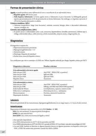 C o n d u c t a s e n G a s t r o e n t e r o l o g í a
346
Formas de presentación clínica
Aguda: se puede producir como inflamación de novo o exacerbación de un enfermedad crónica.
• Hepatitis aguda: 40% de los casos.
• Falla hepática fulminante: la forma aguda severa o fulminante es poco frecuente. La bibliografía general
reporta aproximadamente el 4% de presentación en forma fulminante. Sin embargo, en Argentina representa el
19% de las hepatitis fulminantes en adultos.
Crónica o insidiosa: (40%)
•	 Síntomas inespecíficos: fatiga (más frecuente), malestar, anorexia, letargia, dolor o discomfort abdominal,
náuseas, artralgias, etc.
Cirrosis y sus complicaciones: (20%)
• Se puede asociar a enfermedades como: acné, amenorrea, hipotiroidismo (tiroiditis autoinmune), diabetes tipo I,
vitiligo, enfermedad celíaca, colitis ulcerosa, artritis reumatoidea, alopecía areata, colagenopatías, etc.
Diagnóstico
El diagnóstico requiere de:
• Hipertransaminasemia persistente
• Hipergammaglobulinemia  1.5
• Autoanticuerpos
• Histología (hepatitis de interfase)
• Excluir otras causas de hepatitis crónica
Las condiciones que más se asemejan a la HAI son: Wilson, hepatitis inducida por drogas, hepatitis crónica por HCV.
Diagnóstico a descartar	 Pruebas a efectuar
Si la enfermedad es de inicio agudo
Infección por VHC . . . . . . . . . . . . . . . . . . . . . . . . . . . . . . . . . . . . . . 	Anti-VHC   (RNA-VHC si positivo)
Infección por VHB . . . . . . . . . . . . . . . . . . . . . . . . . . . . . . . . . . . . . .	 IgM anti-HBc
Infección por VHA . . . . . . . . . . . . . . . . . . . . . . . . . . . . . . . . . . . . . .	 IgM anti-VHA
Hepatitis tóxica . . . . . . . . . . . . . . . . . . . . . . . . . . . . . . . . . . . . . . . . . . . 	 Anamnesis
Si la enfermedad es crónica
Infección por VHC . . . . . . . . . . . . . . . . . . . . . . . . . . . . . . . . . . . . . .	Anti-VHC  (RNA-VHC si positivo)
InfecciónporVHB. . . . . . . . . . . . . . . . . . . . . . . . . . . . . . . . . . . . . . . . .	HBsAgyantiHBctotal(DNA-VHBsipositivo)
Enfermedad de Wilson . . . . . . . . . . . . . . . . . . . . . . . . . . . . . . . . . 	Ceruloplasmina, cupruria, exámen ocular
Déficit de α1-antitripsina. . . . . . . . . . . . . . . . . . . . . . . . . . . . . . .	Determinación de α l - antitripsina
Hemocromatosis . . . . . . . . . . . . . . . . . . . . . . . . . . . . . . . . . . . . . . . . . .	Ferritina, saturación transferrina
Hepatopatía alcohólica . . . . . . . . . . . . . . . . . . . . . . . . . . . . . . . . . 	Anamnesis
Laboratorio
Elevación persistente de las transaminasas, hipergammaglobulinemia en un rango mayor a 1.5 veces el valor normal.
Autoanticuerpos
Representan el elemento más característico de la HAI (títulos  1/ 80).
ANA (Ac anti nucleares): la mayoría patrón homogéneo
ASMA (Ac anti músculo liso)
Anti LKM 1 (Ac contra microsomas de hígado y riñón)
• Son operador dependiente
• Los ANA están presentes en el 67 % de los pacientes con HAI
•LosASMAestánpresentesenel87%deHAI,54%asociadoalANAy33%eselúnico  marcadorinmunológicode HAI
• Los anti LKM  también se detectan en algunas hepatitis tóxicas, en algunos pacientes con hepatitis crónica por
VHC y VHD. No suelen estar presentes cuando hay ANA o ASMA
 