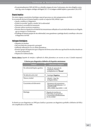 C o n d u c t a s e n G a s t r o e n t e r o l o g í a
347
•Enaproximadamenteel20% deHAInoseidentifica ninguno de estos 3 anticuerpos, sino otros dirigidos contra
otrosAg,comoelantígenocitológicodelhígado (LC-1) o el antígeno soluble hepático y pancreático (SLA/SP)
Biopsia hepática
No existe ninguna característica histológica especial que posea un valor patognomónico de HAI.
Se recomienda efectuar la biopsia hepática cuando se sospecha HAI, debido a que:
• Ayuda a establecer el diagnóstico
• Evalúa la severidad  (grado y estadío) de la enfermedad
• Determina la necesidad de tratamiento
• Permite realizar monitoreo terapéutico
•Permiteobservarelgradodeactividaddelastransaminasasreflejadasenlaactividadinflamatoriaenelhígado,
que no siempre se correlacionan
• El hallazgo de lesiones propias de otra enfermedad, como granulomas o patología ductal, ccontribuye a descartar
el diagnóstico de HAI
Hallazgos histológicos
• Hepatitis de interfase.
• Necrosis linfocítica periportal o periseptal
• Infiltrado inflamatorio rico en células plasmáticas.
•Rosetas(gruposdehepatocitosquesedisponendeformaacinarsobreunacapabasaldereticulinasituadosen
las aéreas periportales).
• Hepatocitos multinucleados.
Patrón clásico: hepatitis de interfase e infiltrado de células plasmáticas con necrosis en zona 3 (estadío temprano).
Se diseñó un score diagnóstico en 1993 para clasificar a pacientes con diagnóstico probable o definitivo de HAI y
otro simplificado en el año 2008.
 