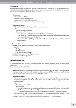 C o n d u c t a s e n G a s t r o e n t e r o l o g í a
373
Hemangioma
Tumor hepático benigno más frecuente (4-20%), con predominio en mujeres. El  50-70% son asintomáticos,
cursansinalteracióndelhepatograma.Loshemangiomasgigantessonsintomáticosenmásdel50%,ysepresentan
como lesiones heterogéneas con áreas de fibrosis y necrosis.
• Clasificación:
o Típico o tipo 2: e/2-10cm
o Pequeños o tipo 1 (capilares):2cm
o Gigantes o tipo 3:  10cm (fibrosis central)
o Atípico: presenta realce en fase venosa llenado centrífugo
• Imagenológicamente:
o US: ecogénicos, bien definidos, pudiendo tener refuerzo acústico
o TC:
- Sin contraste EV: hipodensos
- Con contraste EV:
o Fase arterial (FA): realce globular-nodular periférico y discontinuo
o Fase venosa (FV): llenado centrípeto (de afuera hacia adentro) hasta un relleno uniforme en fase
    venosa tardía (por tener lenta circulación)
o Fase tardía (FT) (20-30 segundos): lento lavado (importante diferencia con las metástasis
hipervasculares)
Pequeños: lleno uniforme
Gigantes: llenado centrípeto incompleto x cicatriz central (por trombosis)
o RMN:
      - T1: hipointenso
      - T2: hiperintenso
      - Con contraste, igual que la TC
Diagnóstico diferencial: metástasis hipervasculares
Se recomienda conducta expectante.
Hiperplasia nodular focal
2° tumor en frecuencia en frecuencia, asintomáticas en su gran mayoría, en general cursan sin alteración del
hepatograma.
Es una lesión única 5cm (80-90%)
• Histología: conjunto de hepatocitos hiperplásicos, conductos biliares-vasos y células de Kupffer, representa
una respuesta hiperplásica a una malformación vascular, con aumento del flujo vascular, ausencia de cápsula,
contiene cicatriz central y tabiques que se irradian desde la cicatriz.
• Imagenológicamente:
o US: la mayoría isoecoicos y homogéneos, presentan cicatriz central hipoecoica (flujo característico con
Doppler color: patrón en rueda de carro; arteria nutricia central con vasos pequeños irradiados
periféricamente)
o TC:
- Sin contraste: hipo-isodenso
- Con contraste:
o FA:realcehomogéneointensoeinmediato,cicatrizhipodensaconrealcetardíodelamisma(o=10segundo)
o FV: disminuye densidad (lavado rápido)
o FT: isodenso con realce de la cicatriz (toda cicatriz tarda en captar por la baja vascularización)
o RM: isointenso en T1 yT2, con cicatriz hiperintensa en T2. El comportamiento con el contraste EV es el    
mismo que con TC.
Diagnóstico diferencial: carcinoma fibrolamelar (cicatriz hipointensa en T2 y no realza tardío)
 