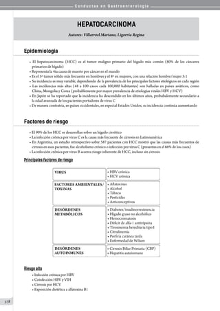 C o n d u c t a s e n G a s t r o e n t e r o l o g í a
378
Hepatocarcinoma
Autores: Villarroel Mariano, Ligorría Regina
Epidemiología
• El hepatocarcinoma (HCC) es el tumor maligno primario del hígado más común (80% de los cánceres
primarios de hígado)
• Representa la 4ta causa de muerte por cáncer en el mundo
• Es el 5º tumor sólido más frecuente en hombres y el 8º en mujeres, con una relación hombre/mujer 3:1
• Su incidencia es muy variable, dependiendo de la prevalencia de los principales factores etiológicos en cada región
• Las incidencias más altas (48 a 100 casos cada 100,000 habitantes) son halladas en países asiáticos, como
China, Mongolia y Corea (probablemente por mayor prevalencia de etiologías virales HBV y HCV)
• En Japón se ha reportado que la incidencia ha descendido en los últimos años, probabalemente secundario a
la edad avanzada de los pacientes portadores de virus C
• De manera contratria, en países occidentales, en especial Estados Unidos, su incidencia continúa aumentando
Factores de riesgo
• El 90% de los HCC se desarrollan sobre un hígado cirrótico
• La infección crónica por virus C es la causa más frecuente de cirrosis en Latinoamérica
• En Argentina, un estudio retrospectivo sobre 587 pacientes con HCC mostró que las causas más frecuentes de
cirrosis en esos pacientes, fue alcoholismo crónico o infección por virus C (presentes en el 66% de los casos)
• La infección crónica por virus B acarrea riesgo inherente de HCC, incluso sin cirrosis
Principales factores de riesgo
Riesgo alto
• Infección crónica por HBV
• Coinfección HBV y VIH
• Cirrosis por HCV
• Exposición dietética a alfatoxina B1
 