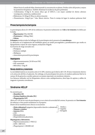 C o n d u c t a s e n G a s t r o e n t e r o l o g í a
386
biliares hacia el canalículo biliar, disminuyendo la concentración en plasma. Produce alivio del prurito y mejora
los parámetros bioquímicos. También disminuye la incidencia de parto pretérmino.
• Colestiramina: 8-16gr/d. Es menos eficaz que el UDCA y con mayor cantidad de efectos adversos
(constipación, esteatorrea, malabsorción)
• Hidroxicina: 25-50mg/d. Eficaz en aliviar el prurito
• Dexametasona: 12mg/d por 7 días. Menos efectiva. Tiene la ventaja de lograr la madurez pulmonar fetal
Preeclampsia/eclampsia
La preeclampsia afecta al 5-10% de los embarazos. Se presenta tardíamente en el 2do o 3er trimestre. Se define por
la tríada:
• Hipertensión (TA≥140/90)
• Proteinuria (300mg/24hs)
• Edema
Eclampsia involucra todos los hallazgos de la preeclampsia más la presencia de convulsiones.
La alteración en la implantación del trofoblasto genera un estado procoagulante y proinflamatorio que resulta en
hipoperfusión e injuria de varios órganos, incluyendo el hígado.
Los factores de riesgo asociados son:
• Primíparas
• Embarazo múltiple
• Multíparas
• Antecedente personal de preeclampsia
Hepatograma
• Hipertransaminasemia (10-20 veces VN)
• FAL aumentada
• Bilirrubina 5mg/dl
Manejo obstétrico y tratamiento
La mortalidad materna se encuentra entre el 15-20%, mientras que la fetal es del 1-2%. El único tratamiento efectivo
es la extracción del feto y la placenta. Sin embargo, en la preeclampsia leve previa a la madurez pulmonar fetal en la
semana 36 de gestación, se podría optar por un manejo expectante con monitoreo intensivo.
Los fármacos utilizados son los bloqueantes cálcicos como antihipertensivos, dosis bajas de aspirina y sulfato de
magnesio si presenta convulsiones.
Síndrome HELLP
Se caracteriza por:
• Hemólisis (H)
• Enzimas hepáticas elevadas (EL)
• Plaquetopenia (LP)
Afecta al 2-12% de los casos de preeclampsia y es un criterio de severidad de la misma. Se presenta en el 3ertrimestre
de embarazo, si bien puede manifestarse en el posparto.
Dentro de las manifestaciones clínicas se encuentran:
Hepatograma y laboratorio:
• Hipertransaminasemia (70UI/L)
• LDH: 600 UI/L
• Plaquetopenia (100.000/ml)
 