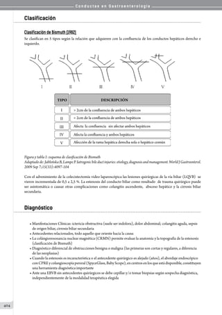 C o n d u c t a s e n G a s t r o e n t e r o l o g í a
404
Clasificación
Clasificación de Bismuth (1982)
Se clasifican en 5 tipos según la relación que adquieren con la confluencia de los conductos hepáticos derecho e
izquierdo.
Figura y tabla I: esquema de clasificación de Bismuth
Adaptadode:JabłońskaB,LampeP.Iatrogenicbileductinjuries:etiology,diagnosisandmanagement.WorldJGastroenterol.
2009 Sep 7;15(33):4097-104
Con el advenimiento de la colecistectomía video laparoscópica las lesiones quirúrgicas de la vía biliar (LQVB)  se
vieron incrementada de 0,5 a 2,5 %. La estenosis del conducto biliar como resultado  de trauma quirúrgico puede
ser asintomática o causar otras complicaciones como colangitis ascendente,  absceso hepático y la cirrosis biliar
secundaria.
Diagnóstico
• Manifestaciones Clínicas: ictericia obstructiva (suele ser indolora), dolor abdominal; colangitis aguda, sepsis
de origen biliar, cirrosis biliar secundaria
• Antecedentes relacionados, todo aquello que oriente hacia la causa
• La colángioresonancia nuclear magnética (CRMN) permite evaluar la anatomía y la topografía de la estenosis
(clasificación de Bismuth)
• Diagnóstico diferencial de obstrucciones benigna o maligna (las primeras son cortas y regulares, a diferencia
de las neoplasias)
• Cuando la estenosis es incaracterística o el antecedente quirúrgico es alejado (años), el abordaje endoscópico
conCPREycolangioscopíaperoral(SpyceGlass,BabyScope),encentrosenlosqueestádisponible,constituyen
una herramienta diagnóstica importante
• Ante una EBVB sin antecedentes quirúrgicos se debe cepillar y/o tomar biopsias según sospecha diagnóstica,
independientemente de la modalidad terapéutica elegida
 