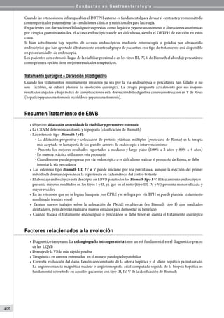 C o n d u c t a s e n G a s t r o e n t e r o l o g í a
406
Cuando las estenosis son infranqueables el DBTPH externo es fundamental para drenar el contraste y como método
contemporizador para mejorar las condiciones clínicas y nutricionales para la cirugía.
En pacientes con derivaciones biliodigestivas previas, como hepático yeyuno anastomosis o alteraciones anatómicas
por cirugías gastrointestinales, el acceso endoscópico suele ser dificultoso, siendo el DBTPH de elección en estos
casos.
Si bien actualmente hay reportes de accesos endoscópicos mediante enteroscopía o guiados por ultrasonido
endoscópico que han aportado al tratamiento en este subgrupo de pacientes, este tipo de tratamiento está disponible
en pocas unidades de endoscopia.
Los pacientes con estenosis largas de la vía biliar proximal o en los tipos III, IV, V de Bismuth el abordaje percutáneo
como primera opción tiene mejores resultados terapéuticos.
Tratamiento quirúrgico – Derivación biliodigestiva
Cuando los tratamientos mínimamente invasivos ya sea por la vía endoscópica o percutánea han fallado o no
son   factibles, se deberá plantear la resolución quirúrgica. La cirugía propuesta actualmente por sus mejores
resultados alejados y bajo índice de complicaciones es la derivación biliodigestiva con reconstrucción en Y de Roux
(hepaticoyeyunoanastomosis o colédoco yeyunoanastomosis).                
Resumen Tratamiento de EBVB
• Objetivo: dilatación sostenida de la vía biliar y prevenir re-estenosis
• La CRNM determina anatomía y topografía (clasificación de Bismuth)
• Las estenosis tipo  Bismuth I y II:
o La dilatación progresiva y colocación de prótesis plásticas múltiples (protocolo de Roma) es la terapia
más aceptada en la mayoría de los grandes centros de endoscopia e intervencionismo
o Presenta los mejores resultados reportados a mediano y largo plazo (100% a 2 años y 89% a 4 años)
o En nuestra práctica utilizamos este protocolo
o Cuando no se puede progresar por vía endoscópica o es dificultoso realizar el protocolo de Roma, se debe
intentar la vía percutánea
• Las estenosis tipo Bismuth III, IV o V puede iniciarse por vía percutánea, aunque la elección del primer
método de drenaje depende de la experiencia en cada método del centro tratante
• El abordaje endoscópico esta descripto en EBVB para todos los Bismuth tipo I-V. El tratamiento endoscópico
presenta mejores resultados en los tipos I y II, ya que en el resto (tipo III, IV y V) presenta menor eficacia y
mayor recidiva
• En las estenosis  que no se logran franquear por CPRE y si se logra por vía TPH se puede plantear tratamiento
combinado (rendez vous)
• Existen nuevos trabajos sobre la colocación de PMAE recubiertas (en Bismuth tipo I) con resultados
alentadores, pero deberán realizarse nuevos estudios para demostrar su beneficio
• Cuando fracasa el tratamiento endoscópico o percutáneo se debe tener en cuenta el tratamiento quirúrgico
Factores relacionados a la evolución
• Diagnóstico temprano. La colangiografia intraoperatoria tiene un rol fundamental en el diagnostico precoz
de las  LQVB
• Drenaje de la VB lo más rápido posible
• Terapéutica en centros entrenados  en el manejo patología hepatobiliar
• Correcta evaluación del daño. Lesión concomitante de la arteria hepática y el  daño hepático ya instaurado.
La angioresonancia magnética nuclear o angiotomografía axial computada seguida de la biopsia hepática es
fundamental sobre todo en aquellos pacientes con tipo III, IV, V de la clasificación de Bismuth
 