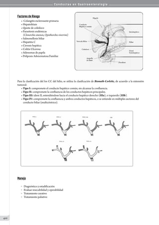 C o n d u c t a s e n G a s t r o e n t e r o l o g í a
410
Factores de Riesgo
•  Colangitis esclerosante primaria
• Hepatolitiais
• Quiste de colédoco
• Parasitosis endémicas
(Clonorchis sinensis, Opisthorchis viverrini)
• Salmonellosis biliar
• Hepatitis C
• Cirrosis hepática
• Colitis Ulcerosa
• Adenomas de papila
• Poliposis Adenomatosa Familiar
Para la clasificación del los CC del hilio, se utiliza la clasificación de Bismuth-Corlette, de acuerdo a la extensión
tumoral:
• Tipo I: compromete el conducto hepático común, sin alcanzar la confluencia.
• Tipo II: compromete la confluencia de los conductos hepáticos principales.
• Tipo III: idem II, extendiéndose hacia el conducto hepático derecho (IIIa), o izquierdo (IIIb).
• Tipo IV: compromete la confluencia y ambos conductos hepáticos, o se extiende en múltiples sectores del
conducto biliar (multicéntrico).
Manejo
o 	 Diagnóstico y estadificación
o 	 Evaluar resecabilidad y operabilidad
o 	 Tratamiento curativo
o 	 Tratamiento paliativo  
 