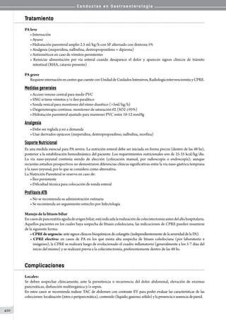 C o n d u c t a s e n G a s t r o e n t e r o l o g í a
420
Tratamiento
PA leve
• Internación
• Ayuno
• Hidratación parenteral amplio 2.5 ml/kg/h con SF alternado con dextrosa 5%
• Analgesia (meperidina, nalbufina, dextropropoxifeno + dipirona)
• Antieméticos en caso de vómitos persistentes
• Reiniciar alimentación por vía enteral cuando desaparece el dolor y aparecen signos clínicos de tránsito
intestinal (RHA, catarsis presente)
PA grave
RequiereinternaciónencentroquecuenteconUnidaddeCuidadosIntensivos,RadiologíaintervencionistayCPRE.
Medidas generales
• Acceso venoso central para medir PVC
• SNG si tiene vómitos y/o íleo paralítico
• Sonda vesical para monitoreo del ritmo diurético (5ml/kg/h)
• Oxigenoterapia continua: monitoreo de saturación 02 (SO2 ≥95%)
• Hidratación parenteral ajustado para mantener PVC entre 10-12 mmHg
Analgesia
• Debe ser reglada y no a demanda
• Usar derivados opiáceos (meperidina, dextropropoxifeno, nalbufina, morfina)
Soporte Nutricional
Es una medida esencial para PA severa. La nutrición enteral debe ser iniciada en forma precoz (dentro de las 48 hs),
posterior a la estabilización hemodinámica del paciente. Los requerimientos nutricionales son de 25-35 kcal/kg/día.
La vía naso-yeyunal continúa siendo de elección (colocación manual, por radioscopía o endoscopía); aunque
recientes estudios prospectivos no demostraron diferencias clínicas significativas entre la vía naso-gástrica temprana
y la naso-yeyunal, por lo que se considera como alternativa.
La Nutrición Parenteral se reserva en caso de:
• Íleo persistente
• Dificultad técnica para colocación de sonda enteral	
Profilaxis ATB
• No se recomienda su administración rutinaria
• Se recomienda un seguimiento estrecho por Infectología
Manejo de la litiasis biliar  
Encasosdepancreatitisagudadeorigenbiliar,estáindicadalarealizacióndecolecistectomíaantesdelaltahospitalaria.
Aquellos pacientes en los cuales haya sospecha de litiasis coledociana, las indicaciones de CPRE pueden resumirse
de la siguiente forma:
• CPREdeurgencia:antesignosclínicos-bioquímicosdecolangitis(independientementedelaseveridaddelaPA).
• CPRE electiva: en casos de PA en los que exista alta sospecha de litiasis coledociana (por laboratorio e
imágenes), la CPRE se realizará luego de evolucionado el cuadro inflamatorio (generalmente a los 5-7 días del
inicio del mismo) y se realizará previa a la colecistectomía, preferentemente dentro de las 48 hs.
Complicaciones
Locales:
Se deben sospechar clínicamente, ante la persistencia o recurrencia del dolor abdominal, elevación de enzimas
pancreáticas, disfunción multiorgánica y/o sepsis.
En estos casos se recomienda realizar TAC de abdomen con contraste EV para poder evaluar las características de las
colecciones:localización(intraoperipancreática), contenido (líquido, gaseoso, sólido) y la presenciao ausenciade pared.
 