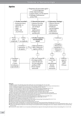 C o n d u c t a s e n G a s t r o e n t e r o l o g í a
422
Algoritmo
Bibliografía
01.Yadad D, Lowenfes R. The epidemiology of pancreatitis and Pancreatic cancer. Gastroenterology 2013; 144: 1257-1268.
02.Bank P. Classification of acute pancreatitis-2012 revision of the Atlanta classification and	definitions by international consensus. Gut 2013;62:102-111.
03.Cote G. Technologies for imaging the normal and disease pancreas. Gastroenterology 2013;144: 1262-1271.
04.Bechien U. Acute Pancreatitis Part I: Approach to Early Management. Clinical Gastroenterology and Hepatology 2010;8:410–416.
05.Bechien U. Acute Pancreatitis Part II: Approach to Early 3. Clinical gastroenterology and hepatology 2010;8:417–422.
06.Takada L, Kawarada Y. Management acute pancreatitis: cutting-edge information. J Hepatobiliary Pancreat Surg 2006; 13:2–6.
07.Moleph I. Severe acute pancreatitis pathogenic aspects and prognostic factor. World J Gastroenterol. 2008;14:675-684.
08.Jiarg K. Early nasogastric enetral nutrition for severe acute pancreatitis a systematic reviw. World J Gastroenterol 2007;13:5253-5260.
09.Casas M. Total enteral nutrition vs total parenteral nutrition in patients with severe acute pancreatitis. Rev Esp enfermed dig 2007;99:264-269.
10.Mc Clave S. Nutrition suppor in acute pancreatitis. Gastroenterol Clin N Am 2007;9:65-74.
11.JPN Guidelines for the management of acute pancreatitis:cutting-edge information. J Hepatobiliary Pancreat Surg 2006; 13:2–6.
12.Pezzilli R. New Approaches for the Treatment of Acute Pancreatitis. JOP. Pancreas (Online) 2006; 7(1):79-91.
13.UK guidelines for the management of acute pancreatitis. Gut 2005; 54; 1-9.
14.Pandol SJ. Acute Pancreatitis: Bench to the Bedside. Reviews in basic and clinical Gastroenterology. Gastroenterology 2007;132:1127–1151.
15.Pandol SJ. Acute pancreatitis. Curr Opin Gastroenterol 2006; 22:481–486.
16.Whitcomb D. Acute Pancreatitis. clinical practice. M.D Engl J Med 2006; 354:2142-50.
17.Van Brunschot S, Bakker O, Besselink MG, et al. Treatment of Necrotizing Pancreatitis. Clinical Gastroenterology and Hepatology 2012;10:1190–1201.
18.Bakker OJ, Van Santvoort HC, Besselink MG, et al. Prevention, Detection, and Management of Infected Necrosis in Severe Acute Pancreatitis. Current Gastroenterology Reports 2009, 11:104–111.
19.Gardner TB, Coelho-Prabhu N, Gordon SR, et al. Direct endoscopic necrosectomy for the treatment of walled-off pancreatic necrosis: results from a multicenter U.S. series. Gastrointest Endosc
2011;73:718-26.
20.Van Santvoort HC, Bakker O,Bollen TL, et al. A Conservative and Minimally Invasive Approach to Necrotizing Pancreatitis Improves Outcome. Gastroenterology 2011; 141:1254–1263.
 