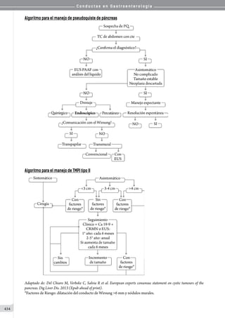 C o n d u c t a s e n G a s t r o e n t e r o l o g í a
434
Algoritmo para el manejo de pseudoquiste de páncreas
Algoritmo para el manejo de TMPI tipo II
Adaptado de: Del Chiaro M, Verbeke C, Salvia R et al. European experts consensus statement on cystic tumours of the
pancreas. Dig Liver Dis. 2013 (Epub ahead of print).
*Factores de Riesgo: dilatación del conducto de Wirsung 6 mm y nódulos murales.
 