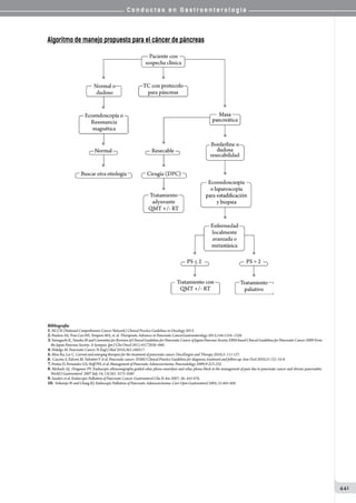 C o n d u c t a s e n G a s t r o e n t e r o l o g í a
441
Algoritmo de manejo propuesto para el cáncer de páncreas
Bibliografía
1.NCCN (National Comprehensive Cancer Network) Clinical Practice Guidelines in Oncology 2013.
2.Paulson AS, Tran Cao HS, Tempero MA, et. al. Therapeutic Advances in Pancreatic Cancer.Gastroenterology 2013;144:1316–1326
3.Yamaguchi K, Tanaka M and Committee for Revision of Clinical Guidelines for Pancreatic Cancer of Japan Pancreas Society. EBM-based Clinical Guidelines for Pancreatic Cancer 2009 From
the Japan Pancreas Society: A Synopsis. Jpn J Clin Oncol 2011;41(7)836–840.
4.Hidalgo M. Pancreatic Cancer. N Engl J Med 2010;362:1605­17.
5.Moss Ra, Lee C. Current and emerging therapies for the treatment of pancreatic cancer. OncoTargets and Therapy 2010;3: 111-127.
6. Cascinu S, Falconi M, Valentini V et al. Pancreatic cancer: ESMO Clinical Practice Guidelines for diagnosis, treatment and follow-up. Ann Ocol 2010;21 (5): 55-8.
7.Freitas D, Fernandez GS, Hoff PH, et al. Management of Pancreatic Adenocarcinoma. Pancreatology 2009;9:223-232.
8. Michaels AJ, Draganov PV. Endoscopic ultrasonography guided celiac plexus neurolysis and celiac plexus block in the management of pain due to pancreatic cancer and chronic pancreatitis.
World J Gastroenterol 2007 July 14; 13(26): 3575-3580
9.Sanders et al. Endoscopic Palliation of Pancreatic Cancer. Gastroenterol Clin N Am 2007; 36: 455-476.
10.	 Srikureja W and Chang KJ. Endoscopic Palliation of Pancreatic Adenocarcinoma. Curr Opin Gastroenterol 2005, 21:601-605
 