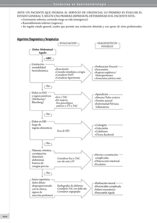 C o n d u c t a s e n G a s t r o e n t e r o l o g í a
444
ANTE UN PACIENTE QUE INGRESA AL SERVICIO DE URGENCIAS, LO PRIMERO ES EVALUAR EL
ESTADO GENERAL Y, SEGÚN UNA PRIMERA IMPRESION, DETERMINAR SI EL PACIENTE ESTA:
• Gravemente enfermo, corriendo riesgo su vida (emergencia).
• Razonablemente enfermo (urgencia).
• En regular estado general, cuadro que permite una evaluación detenida y con apoyo de otros profesionales.
Algoritmo Diagnóstico y Terapéutico
 