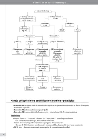 C o n d u c t a s e n G a s t r o e n t e r o l o g í a
62
Manejo posoperatorio y estadificación anatomo - patológica
• Resección R0 (márgenes libres de enfermedad): vigilancia, excepto en adenocarcinoma en donde N+ requiere
tratamiento adyuvante.
• Resección R1(enfermedad microscópica): Qx-Rt.
• Reseccion R2 (enfermedad residual macroscópica y microscópica): Qx-Rt o terapia paliativa.
Seguimiento
• Control clínico: 1° y 2° año cada 3-6 meses, 3° a 5° año cada 6-12 meses, luego anualmente.
o En cada visita valorar disfagia, dolor y estado nutricional.
• Análisis de laboratorio y endoscopía sólo si hay sospecha clínica de recidiva.
o En caso de RME el control se realiza cada 3 meses con VEDA durante el 1° año y luego anualmente.
• TC de tórax y abdomen con contraste ante sospecha de progresión de enfermedad.
 