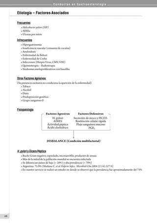 C o n d u c t a s e n G a s t r o e n t e r o l o g í a
68
Etiología – Factores Asociados
Frecuentes
• Helicobacter pylori (HP)
• AINEs                        
• Úlceras por estrés
Infrecuentes
• Hipergastrinemia
• Insuficiencia vascular (consumo de cocaína)
• Amiloidosis
• Enfermedad de Behcet
• Enfermedad de Crohn
• Infecciones (Herpes Virus, CMV, VIH)
• Quimioterapia – Radioterapia
• Síndromes mieloproliferativos con basofilia
Otros Factores Agresivos
(Su presencia exclusiva no condiciona la aparición de la enfermedad)
• Tabaco
• Alcohol
• Dieta
• Predisposición genética
• Grupo sanguíneo 0
Fisiopatología
H. pylori y Úlcera Péptica
• Bacilo Gram negativo, espiralado, microaerófilo, productor de ureasa
• Más de la mitad de la población mundial se encuentra infectada
• Se diferencian países de baja (< 20%) y alta prevalencia (> 70%)
• Argentina: 75.9% (Mattana C, et al. Enferm Infecc Microbiol Clin 2004 22 (4):227-9)
• En nuestro servicio se realizó un estudio en donde se observó que la prevalencia fue aproximadamente del 73%
 