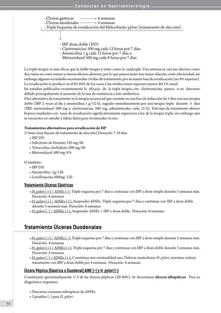 C o n d u c t a s e n G a s t r o e n t e r o l o g í a
72
La triple terapia es más eficaz que la doble terapia y tanto como la cuádruple. Una semana es casi tan efectiva como
dos, tiene un costo menor y menos efectos adversos, por lo que parece tener una mejor relación costo-efectividad; sin
embargoalgunassociedadesrecomiendan14díasdetratamiento,porsumayortasadeerradicación(un4%superior).  
La erradicación se produce en el 82-84% de los casos y las reinfecciones suponen menos del 1% anual.
En estudios publicados recientemente la  eficacia  de  la triple terapia con  claritromicina  parece  ir en  descenso
debido principalmente al aumento de la tasa de resistencia a éste antibiótico.
Otra alternativa de tratamiento es la terapia secuencial que consiste en una fase de inducción de 5 días con una terapia
doble (IBP 2 veces al día y amoxicilina 1 g/12 h), seguido inmediatamente por una terapia triple  durante  5  días  
(IBP,  metronidazol  500  mg  y  claritromicina  500  mg,  administrados  cada  12  h).  Este tipo de tratamiento obtuvo
buenos resultados con  tasas de erradicación significativamente superiores a los de la terapia triple, sin embargo aún
se encuentra en estudio y faltan datos para recomendar su uso.
Tratamientos alternativos para erradicación de HP
2ª línea (tras fracaso de tratamiento de elección) Duración 7-10 días
• IBP DD   
• Subcitrato de bismuto 120 mg/6h
• Tetraciclina clorhidrato 500 mg/6h
• Metronidazol 500 mg/8 h
O también:
• IBP DD
• Amoxicilina  1g/12h
• Levofloxacina 500mg/12h
Tratamiento Úlceras Gástricas
• H. pylori (+) / AINEs (-): Triple esquema por 7 días y continuar con IBP a dosis simple durante 5 semanas más.
Duración: 6 semanas
• H. pylori (+) / AINEs (+): Suspender AINEs. Triple esquema por 7 días y continuar con IBP a dosis doble
durante 5 semanas más. Duración: 6 semanas
• H. pylori (-) / AINEs (+): Suspender AINEs + IBP a dosis doble.  Duración: 6 semanas
Tratamiento Úlceras Duodenales
• H. pylori (+) / AINEs (-): Triple esquema por 7 días y continuar con IBP a dosis simple durante 3 semanas más.
Duración: 4 semanas
• H. pylori (+) / AINEs (+): Triple esquema por 7 días y continuar con IBP a dosis doble durante 3 semanas más.
Duración: 4 semanas
• H. pylori (-) / AINEs (+): Constituye una eventualidad rara. Debería reestudiarse H. pylori, mientras realizar
tratamiento con IBP a dosis doble por 4 semanas.  Duración: 4 semanas
Úlcera Péptica (Gástrica o Duodenal) AINE (-) y H. pylori (-)
Constituyen aproximadamente 1/3 de las úlceras pépticas (20-40%). Se denominan úlceras idiopáticas.  Para su
diagnóstico requieren:
• Descartar consumo subrepticio de AINEs
• 2 pruebas (-) para H. pylori
 