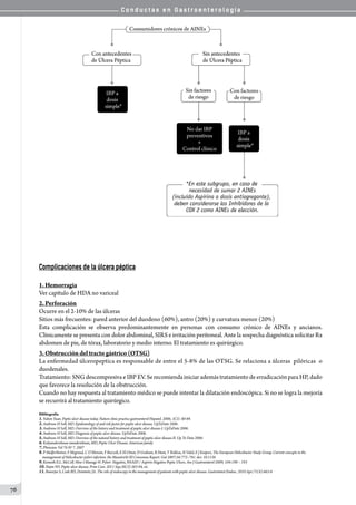 C o n d u c t a s e n G a s t r o e n t e r o l o g í a
76
Complicaciones de la úlcera péptica
1. Hemorragia
Ver capítulo de HDA no variceal
2. Perforación
Ocurre en el 2-10% de las úlceras
Sitios más frecuentes: pared anterior del duodeno (60%), antro (20%) y curvatura menor (20%)
Esta complicación se observa predominantemente en personas con consumo crónico de AINEs y ancianos.
Clínicamente se presenta con dolor abdominal, SIRS e irritación peritoneal. Ante la sospecha diagnóstica solicitar Rx
abdomen de pie, de tórax, laboratorio y medio interno. El tratamiento es quirúrgico.
3. Obstrucción del tracto gástrico (OTSG)
La enfermedad úlceropeptica es responsable de entre el 5-8% de las OTSG. Se relaciona a úlceras  pilóricas  o  
duodenales.  
Tratamiento: SNG descompresiva e IBP EV. Se recomienda iniciar además tratamiento de erradicación para HP, dado
que favorece la resolución de la obstrucción.
Cuando no hay respuesta al tratamiento médico se puede intentar la dilatación endoscópica. Si no se logra la mejoría
se recurrirá al tratamiento quirúrgico.
Bibliografía
1.Yuhon Yuan. Peptic ulcer disease today. Nature clinic practice gastroenterol Hepatol. 2006; 3(2): 80-89.
2.Andreow H Soll, MD. Epidemiology of and risk factor for peptic ulcer disease. UpToDate 2006.
3.Andreow H Soll, MD. Overview of the history and treatment of peptic ulcer disease-I. UpToDate 2006.
4.Andreow H Soll, MD. Diagnosis of peptic ulcer disease. UpToDate 2006.
5.Andreow H Soll, MD. Overview of the natural history and treatment of peptic ulcer disease-II. Up To Date 2006.
6.Kalyanakrishnan ramakrishnan, MD, Peptic Ulcer Disease. American family
7.Phisician. Vol 76 Nº 7. 2007
8.P Malfertheiner, F Megraud, C O’Morain, F Bazzoli, E El-Omar, D Graham, R Hunt, T Rokkas, N Vakil, E J Kuipers, The European Helicobacter Study Group. Current concepts in the
management of Helicobacter pylori infection: the Maastricht III Consensus Report. Gut 2007;56:772–781. doi: 10.1136
9.Kenneth E.L. McColl. How I Manage H. Pylori -Negative, NSAID / Aspirin-Negative Peptic Ulcers. Am J Gastroenterol 2009; 104:190 – 193
10.Najm WI. Peptic ulcer disease. Prim Care. 2011 Sep;38(3):383-94, vii.
11.Banerjee S, Cash BD, Dominitz JA. The role of endoscopy in the management of patients with peptic ulcer disease. Gastrointest Endosc. 2010 Apr;71(4):663-8
 