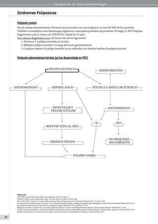 C o n d u c t a s e n G a s t r o e n t e r o l o g í a
88
Síndromes Poliposicos
Poliposis juvenil
Son de estirpe hamartomatosa. Presenta una asociación con cáncer gástrico en más del 50% de los pacientes.
También se manifiesta como hemorragias digestivas y enteropatía perdedora de proteínas. El riesgo 15-20% displasia.
Seguimiento cada 2-3 años con VEDA-VCC desde los 18 años.
Los criterios diagnósticos son: (al menos uno de los siguientes)
1.	Al menos 3-5 pólipos juveniles en el colon
2.	Múltiples pólipos juveniles a lo largo del tracto gastrointestinal
3.	Cualquier número de pólipo juveniles en un individuo con historia familiar de poliposis juvenil
Poliposis adenomatosa familiar (ya fue desarrollada en PGF)
Bibliografía
1.Burt RW. Gastric Fundic Gland Polyps. Gastroenterology 2003;125:1462–14
2.Jain R, Chetty R. Gastric Hyperplastic Polyps: A Review. Dig Dis Sci 2009; 54:1839–1846
3.Lam MC, Tha S, Owen D et al. Gastric polyps in patients with portal hypertension. Eur J Gastroenterol Hepatol 2011; 23:1245–1249
4.CarmackSW,GentaRM,GrahamDY,LauwersGYetal.Managementofgastricpolyps:apathologybasedguideforgastroenterologists.NatRevGastroenterolHepatol.2009Jun;6(6):331-41
5.Goddard AF, Badreldin R, Pritchard DM. The management of gastric polyps.Gut 2010 Sep;59(9):1270-6
6.Bianchi LK, Burke CA, Bennett AE. et al. Fundic gland polyp dysplasia is common in familial adenomatous polyposis. Clin Gastroenterol Hepatol. 2008 Feb;6(2):180-5
7.ZelterA,FernándezJL,BilderC.etalFundicGlandPolypsandAssociationwithProtonPumpInhibitorIntake:AProspectiveStudyin1,780Endoscopies.DigDisSci.2011Jun;56(6):1743-8
8.Morais DJ, Yamanaka A, Zeitune JM. Gastric polyps: a retrospective analysis of 26,000 digestive endoscopies. Arq Gastroenterol. 2007
 
