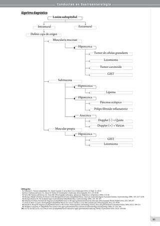 C o n d u c t a s e n G a s t r o e n t e r o l o g í a
93
Algoritmo diagnóstico
Bibliografía:
01.Villaverde A. Tumores subepiteliales. En: Zárate Guzmán A y de la Mora Levy J. Endoscopia 2010; 22 (Supl. 2): 38-43.
02.Kim E. Submucosal lesions. En: Hawes R, Fockens P, Varadarajulu S. Endoscopic ultrasonography 2011; 10: 84-96.
03.Varas MJ. Tumores submucosos. En: Varas MJ. Ultrasonografía endoscópica: aplicaciones diagnósticas y terapéuticas 2008; 4: 35-46.
04.Hwang J, Rulyak S, Kimmey M. Review on the Management of Gastric Subepithelial Masses. American Gastroenterological Association Institute. Gastroenterology 2006; 130: 2217-2228.
05.Hwang J, Kimmey M. The Incidental Upper Gastrointestinal Subepithelial Mass. Gastroenterology 2004; 126: 301-307.
06.Sakamoto H, Kitano M, Kudo M. Diagnosis of subepithelial tumors in the upper gastrointestinal tract by endoscopic ultrasonography. World J Radiol 2010; 2(8): 289-297.
07.Owens D, Bain A. Gastric and Esophageal Subepithelial Masses. En: Gress F, Savides T, et al. Atlas of Endoscopic Ultrasonography 2012; 14: 64-69.
08.Eckardt A, Wassef W. Diagnosis of subepithelial tumors in the GI tract. Endoscopy,EUS, and histology: bronze, silver, and gold standard? Gastrointest Endosc 2005; 62(2): 209-212.
09.Humphris J and Jones D. Subepithelial mass lesions in the upper gastrointestinal tract. Journal of Gastroenterology and Hepatology 2008; 23: 556–566.
10.Lim YJ, Son HJ, Lee JS, et al. Clinical course of subepithelial lesions detected on upper gastrointestinal endoscopy. World J Gastroenterol 2010; 16(4): 439-444.
 