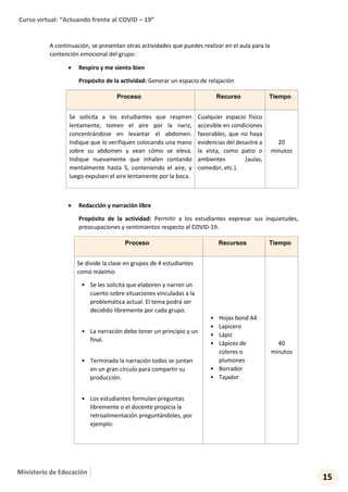 Curso virtual: “Actuando frente al COVID – 19”
15
Ministerio de Educación
A continuación, se presentan otras actividades que puedes realizar en el aula para la
contención emocional del grupo:
 Respiro y me siento bien
Propósito de la actividad: Generar un espacio de relajación
Proceso Recurso Tiempo
Se solicita a los estudiantes que respiren
lentamente, tomen el aire por la nariz,
concentrándose en levantar el abdomen.
Indique que lo verifiquen colocando una mano
sobre su abdomen y vean cómo se eleva.
Indique nuevamente que inhalen contando
mentalmente hasta 5, conteniendo el aire, y
luego expulsen el aire lentamente por la boca.
Cualquier espacio físico
accesible en condiciones
favorables, que no haya
evidencias del desastre a
la vista, como patio o
ambientes (aulas,
comedor, etc.).
20
minutos
 Redacción y narración libre
Propósito de la actividad: Permitir a los estudiantes expresar sus inquietudes,
preocupaciones y sentimientos respecto al COVID-19.
Proceso Recursos Tiempo
Se divide la clase en grupos de 4 estudiantes
como máximo:
• Se les solicita que elaboren y narren un
cuento sobre situaciones vinculadas a la
problemática actual. El tema podrá ser
decidido libremente por cada grupo.
• La narración debe tener un principio y un
final.
• Terminada la narración todos se juntan
en un gran círculo para compartir su
producción.
• Los estudiantes formulan preguntas
libremente o el docente propicia la
retroalimentación preguntándoles, por
ejemplo:
• Hojas bond A4
• Lapicero
• Lápiz
• Lápices de
colores o
plumones
• Borrador
• Tajador
40
minutos
 