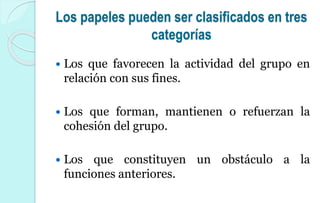 Los papeles pueden ser clasificados en tres
categorías
 Los que favorecen la actividad del grupo en
relación con sus fines.
 Los que forman, mantienen o refuerzan la
cohesión del grupo.
 Los que constituyen un obstáculo a la
funciones anteriores.
 