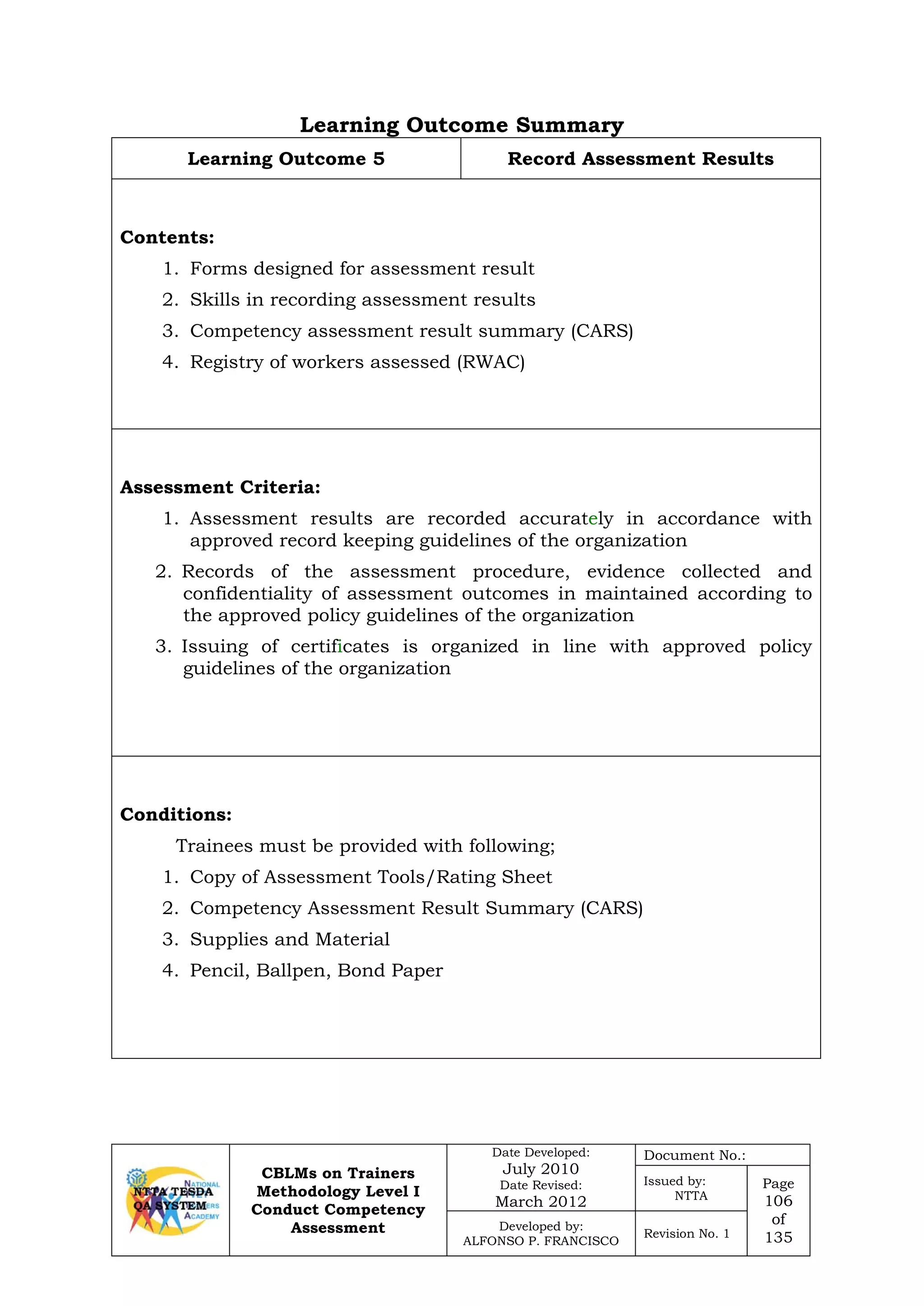 CBLMs on Trainers
Methodology Level I
Conduct Competency
Assessment
Date Developed:
July 2010
Date Revised:
March 2012
Document No.:
Issued by:
NTTA
Page
106
of
135
Developed by:
ALFONSO P. FRANCISCO
Revision No. 1
Learning Outcome Summary
Learning Outcome 5 Record Assessment Results
Contents:
1. Forms designed for assessment result
2. Skills in recording assessment results
3. Competency assessment result summary (CARS)
4. Registry of workers assessed (RWAC)
Assessment Criteria:
1. Assessment results are recorded accurately in accordance with
approved record keeping guidelines of the organization
2. Records of the assessment procedure, evidence collected and
confidentiality of assessment outcomes in maintained according to
the approved policy guidelines of the organization
3. Issuing of certificates is organized in line with approved policy
guidelines of the organization
Conditions:
Trainees must be provided with following;
1. Copy of Assessment Tools/Rating Sheet
2. Competency Assessment Result Summary (CARS)
3. Supplies and Material
4. Pencil, Ballpen, Bond Paper
 