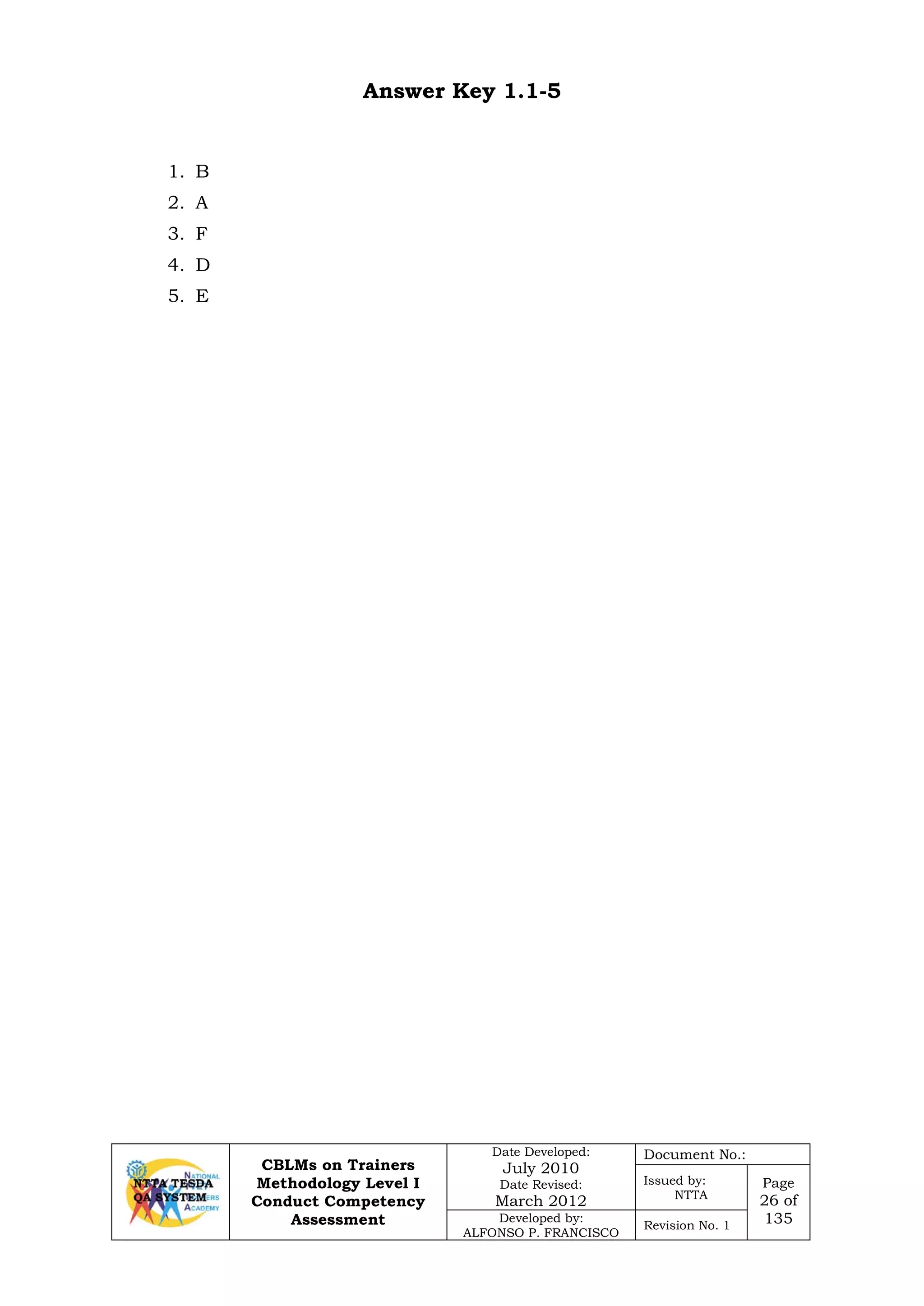 CBLMs on Trainers
Methodology Level I
Conduct Competency
Assessment
Date Developed:
July 2010
Date Revised:
March 2012
Document No.:
Issued by:
NTTA
Page
26 of
135Developed by:
ALFONSO P. FRANCISCO
Revision No. 1
Answer Key 1.1-5
1. B
2. A
3. F
4. D
5. E
 