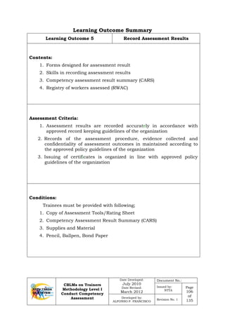 CBLMs on Trainers
Methodology Level I
Conduct Competency
Assessment
Date Developed:
July 2010
Date Revised:
March 2012
Document No.:
Issued by:
NTTA
Page
106
of
135
Developed by:
ALFONSO P. FRANCISCO
Revision No. 1
Learning Outcome Summary
Learning Outcome 5 Record Assessment Results
Contents:
1. Forms designed for assessment result
2. Skills in recording assessment results
3. Competency assessment result summary (CARS)
4. Registry of workers assessed (RWAC)
Assessment Criteria:
1. Assessment results are recorded accurately in accordance with
approved record keeping guidelines of the organization
2. Records of the assessment procedure, evidence collected and
confidentiality of assessment outcomes in maintained according to
the approved policy guidelines of the organization
3. Issuing of certificates is organized in line with approved policy
guidelines of the organization
Conditions:
Trainees must be provided with following;
1. Copy of Assessment Tools/Rating Sheet
2. Competency Assessment Result Summary (CARS)
3. Supplies and Material
4. Pencil, Ballpen, Bond Paper
 