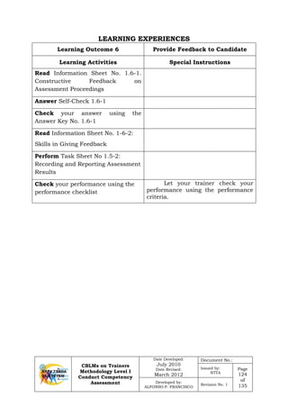 CBLMs on Trainers
Methodology Level I
Conduct Competency
Assessment
Date Developed:
July 2010
Date Revised:
March 2012
Document No.:
Issued by:
NTTA
Page
124
of
135
Developed by:
ALFONSO P. FRANCISCO
Revision No. 1
LEARNING EXPERIENCES
Learning Outcome 6 Provide Feedback to Candidate
Learning Activities Special Instructions
Read Information Sheet No. 1.6-1.
Constructive Feedback on
Assessment Proceedings
Answer Self-Check 1.6-1
Check your answer using the
Answer Key No. 1.6-1
Read Information Sheet No. 1-6-2:
Skills in Giving Feedback
Perform Task Sheet No 1.5-2:
Recording and Reporting Assessment
Results
Check your performance using the
performance checklist
Let your trainer check your
performance using the performance
criteria.
 