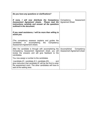 Do you have any questions or clarifications?
If none, I will now distribute the Competency
Assessment Agreement sheets. Please read the
instructions carefully and answer all the questions
outlined in the document.
If you need assistance, I will be more than willing to
assist you.
(The competency assessor explains and guides the
candidates in accomplishing the Competency
Assessment Agreement sheet)
Competency Assessment
Agreement Sheet
After the candidate is through with accomplishing the
Competency Assessment Agreement sheet, you will
review the answers and will give feedback to the
candidates.
You now assign a number to the candidates
(candidate #1, candidate # 2, candidate #3) . . . . . and
give instruction that candidate #1 will be the first to enter
the assessment room. The other candidates will have to
wait at the waiting area.
Accomplished Competency
Assessment Agreement sheet
 