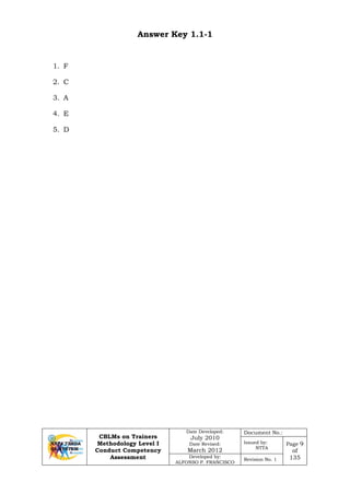 CBLMs on Trainers
Methodology Level I
Conduct Competency
Assessment
Date Developed:
July 2010
Date Revised:
March 2012
Document No.:
Issued by:
NTTA
Page 9
of
135Developed by:
ALFONSO P. FRANCISCO
Revision No. 1
Answer Key 1.1-1
1. F
2. C
3. A
4. E
5. D
 