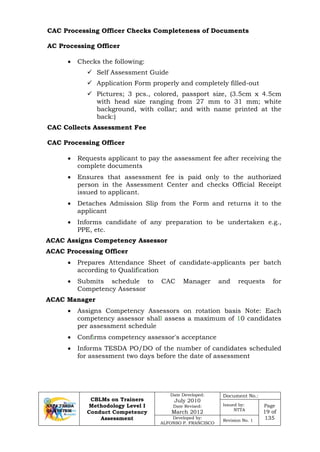 CBLMs on Trainers
Methodology Level I
Conduct Competency
Assessment
Date Developed:
July 2010
Date Revised:
March 2012
Document No.:
Issued by:
NTTA
Page
19 of
135Developed by:
ALFONSO P. FRANCISCO
Revision No. 1
CAC Processing Officer Checks Completeness of Documents
AC Processing Officer
• Checks the following:
 Self Assessment Guide
 Application Form properly and completely filled-out
 Pictures; 3 pcs., colored, passport size, (3.5cm x 4.5cm
with head size ranging from 27 mm to 31 mm; white
background, with collar; and with name printed at the
back:)
CAC Collects Assessment Fee
CAC Processing Officer
• Requests applicant to pay the assessment fee after receiving the
complete documents
• Ensures that assessment fee is paid only to the authorized
person in the Assessment Center and checks Official Receipt
issued to applicant.
• Detaches Admission Slip from the Form and returns it to the
applicant
• Informs candidate of any preparation to be undertaken e.g.,
PPE, etc.
ACAC Assigns Competency Assessor
ACAC Processing Officer
• Prepares Attendance Sheet of candidate-applicants per batch
according to Qualification
• Submits schedule to CAC Manager and requests for
Competency Assessor
ACAC Manager
• Assigns Competency Assessors on rotation basis Note: Each
competency assessor shall assess a maximum of 10 candidates
per assessment schedule
• Confirms competency assessor's acceptance
• Informs TESDA PO/DO of the number of candidates scheduled
for assessment two days before the date of assessment
 