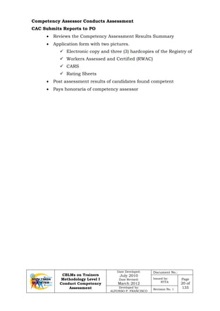 CBLMs on Trainers
Methodology Level I
Conduct Competency
Assessment
Date Developed:
July 2010
Date Revised:
March 2012
Document No.:
Issued by:
NTTA
Page
20 of
135Developed by:
ALFONSO P. FRANCISCO
Revision No. 1
Competency Assessor Conducts Assessment
CAC Submits Reports to PO
• Reviews the Competency Assessment Results Summary
• Application form with two pictures.
 Electronic copy and three (3) hardcopies of the Registry of
 Workers Assessed and Certified (RWAC)
 CARS
 Rating Sheets
• Post assessment results of candidates found competent
• Pays honoraria of competency assessor
 