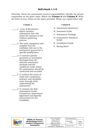 CBLMs on Trainers
Methodology Level I
Conduct Competency
Assessment
Date Developed:
July 2010
Date Revised:
March 2012
Document No.:
Issued by:
NTTA
Page
25 of
135Developed by:
ALFONSO P. FRANCISCO
Revision No. 1
Self-check 1.1-5
Direction: Given the assessment centers responsibilities, identify the person
responsible on the given tasks. Match the Column A with Column B. Write
the letter of your choice on the space provided. Please use capital letter only.
Column A Column B
______1. A set of documents
which contains
information that will
assist the assessor in the
evidence gathering
process
______2. The tools, equipment and
supplies that the
candidate will use in the
assessment process for a
specific qualification.
______3. It contains specific
questions or activity(ies)
developed from the
selected assessment
methods and the
conditions under which
the assessment should be
conducted and recorded
______4. It outlines the series of
steps that competency
assessor and candidate
move through while
undertaking the
assessment.
______5. It contains the Self
Assessment Guide,
Competency Assessment
Agreement and Specific
Instructions for the
Candidate.
A. Assessment Resources
B. Assessors Guide
C. Assessment Package
D. Competency Assessors
Script
E. Candidates Guide
F. Rating Sheet
 