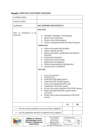 CBLMs on Trainers
Methodology Level I
Conduct Competency
Assessment
Date Developed:
July 2010
Date Revised:
March 2012
Document No.:
Issued by:
NTTA
Page
43 of
135Developed by:
ALFONSO P. FRANCISCO
Revision No. 1
Sample COMPETENCY ASSESSMENT AGREEMENT
Candidate’s Name:
Assessor’s Name:
Qualification: RAC SERVICING (PACU/CRE) NC II
Units of Competency to be
Assessed:
BASIC UNITS
• Participate in Workplace Communication
• Work in Team Environment
• Practice Career Professionalism
• Practice Occupational Health and Safety Procedures
COMMON UNITS
• Perform mensuration and calculation
• Prepare materials and tools
• Observes procedures, specifications and manual of
instruction
• Perform basic benchwork
• Perform basic electrical works
• Maintain tools and equipment
• Perform housekeeping and safety practices
• Document work accomplished
CORE UNITS
• Survey site for installation
• Install PACU/CRE
• Install PACU/CRE piping systems
• Install PACU/CRE electrical systems
• Service and maintain PACU/CRE units
• Troubleshoot PACU/CRE systems
• Recover and recycle refrigerant in PACU/CRE systems
• Repair and retrofit PACU/CRE systems and its
accessories
• Perform start-up and commissioning for PACU/CRE
systems
YES NO
• Have the context and purpose of assessment been explained?
• Have the qualification and units of competency been explained
 