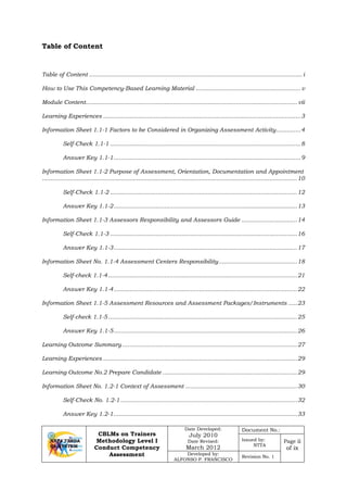CBLMs on Trainers
Methodology Level I
Conduct Competency
Assessment
Date Developed:
July 2010
Date Revised:
March 2012
Document No.:
Issued by:
NTTA
Page ii
of ix
Developed by:
ALFONSO P. FRANCISCO
Revision No. 1
Table of Content
Table of Content ..........................................................................................................................i
How to Use This Competency-Based Learning Material ............................................................ v
Module Content......................................................................................................................... vii
Learning Experiences .................................................................................................................3
Information Sheet 1.1-1 Factors to be Considered in Organizing Assessment Activity..............4
Self-Check 1.1-1 .............................................................................................................8
Answer Key 1.1-1...........................................................................................................9
Information Sheet 1.1-2 Purpose of Assessment, Orientation, Documentation and Appointment
..................................................................................................................................................10
Self-Check 1.1-2 ...........................................................................................................12
Answer Key 1.1-2.........................................................................................................13
Information Sheet 1.1-3 Assessors Responsibility and Assessors Guide ................................14
Self-Check 1.1-3 ...........................................................................................................16
Answer Key 1.1-3.........................................................................................................17
Information Sheet No. 1.1-4 Assessment Centers Responsibility.............................................18
Self-check 1.1-4 ............................................................................................................21
Answer Key 1.1-4.........................................................................................................22
Information Sheet 1.1-5 Assessment Resources and Assessment Packages/Instruments .....23
Self-check 1.1-5 ............................................................................................................25
Answer Key 1.1-5.........................................................................................................26
Learning Outcome Summary ....................................................................................................27
Learning Experiences ...............................................................................................................29
Learning Outcome No.2 Prepare Candidate .............................................................................29
Information Sheet No. 1.2-1 Context of Assessment ................................................................30
Self-Check No. 1.2-1 .....................................................................................................32
Answer Key 1.2-1.........................................................................................................33
 