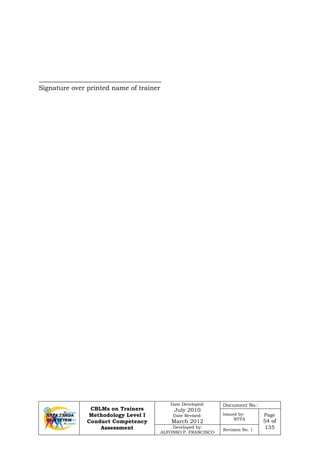 CBLMs on Trainers
Methodology Level I
Conduct Competency
Assessment
Date Developed:
July 2010
Date Revised:
March 2012
Document No.:
Issued by:
NTTA
Page
54 of
135Developed by:
ALFONSO P. FRANCISCO
Revision No. 1
Signature over printed name of trainer
 