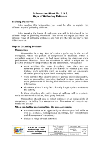 CBLMs on Trainers
Methodology Level I
Conduct Competency
Assessment
Date Developed:
July 2010
Date Revised:
March 2012
Document No.:
Issued by:
NTTA
Page
63 of
135Developed by:
ALFONSO P. FRANCISCO
Revision No. 1
Information Sheet No. 1.3.2
Ways of Gathering Evidence
After reading this information you must be able to explain the
different ways of gathering evidence.
After knowing the forms of evidences, you will be introduced to the
different ways of gathering evidences. This lesson will equip you with the
different ways of gathering evidences and will give the tips on how to use
this evidences.
Observation
Observation is a key form of evidence gathering in the actual
workplace. When the picture of competence is developed within a
workplace context it is easy to find opportunities for observing work
performance. However, there are situations in which it might not be
possible or it may be inappropriate to use observation. For example:
• work activities that occur irregularly, take place over an
extended period of time or are difficult to observe (this may
include work activities such as dealing with an emergency
situation, planning a process or managing a team task)
• work activities that involve issues of privacy and confidentiality,
such as counselling, providing feedback to team members on
work performance or dealing with confidential or private client
information
• situations where it may be culturally inappropriate to observe
the activity
In these situations alternative forms of evidence will be required,
such as structured activities, third party feedback.
Observation should aim to collect evidence of all components of
competency, including key competencies, dimensions of competency,
safety and quality.
When conducting an observation, the assessor should:
• use observation as an opportunity to observe practical skills as
well as attitudes, underpinning knowledge, key competencies
and dimensions of competency
• include a range of work activities
Learning Objectives:
Ways of Gathering Evidence
 