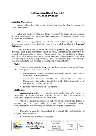 CBLMs on Trainers
Methodology Level I
Conduct Competency
Assessment
Date Developed:
July 2010
Date Revised:
March 2012
Document No.:
Issued by:
NTTA
Page
78 of
135Developed by:
ALFONSO P. FRANCISCO
Revision No. 1
Information Sheet No. 1.3-4
Rules of Evidence
After reading this information sheet, you must be able to explain the
rules of evidence.
After you gather evidences, there is a need to make an assessment
decision and one of the thing you have to consider in making your decision
is the rules of evidence.
When evaluating evidence in order to make a decision of competence,
the assessor must ensure that the evidence provided satisfies the Rules of
Evidence.
They are the rules by which an assessor justifies his/her assessment
decision. Each piece of evidence must be valid, authentic and current to be
considered acceptable evidence. There must also be sufficient evidence
overall, to allow an assessor to make a judgement of competence. (Linked to
the sufficiency rule is a requirement, that the assessor must be confident
that the candidate can perform the competency consistently.
Valid
To ensure evidence is valid, you as the assessor must be confident
that each piece of evidence collected:
• demonstrates relevant outcomes and performance requirements
of the Unit of Competency
• covers the relevant breadth and depth of the Unit of
Competency (including knowledge and skills, dimensions of
competency, evidence guide etc)
• reflects current industry- standards
Authentic
Authenticity relates to ensuring that each piece of evidence is
from the candidate and not another person - that the assessor is
confident that it is the candidates own work.
Where a judgement relies on indirect or supplementary forms of
evidence or the direct evidence is not directly observable, other
complementary evidence may be needed to support authenticity-
Procedures can be established to support the authenticity of
evidence which include'.
• observation of work in progress
Learning Objectives:
 