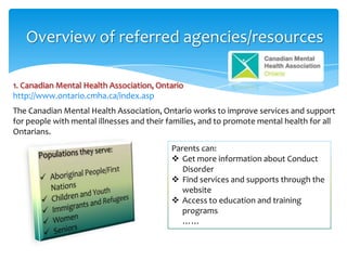 1. Canadian Mental Health Association, Ontario
http://www.ontario.cmha.ca/index.asp
Overview of referred agencies/resources
The Canadian Mental Health Association, Ontario works to improve services and support
for people with mental illnesses and their families, and to promote mental health for all
Ontarians.
Parents can:
 Get more information about Conduct
Disorder
 Find services and supports through the
website
 Access to education and training
programs
……
 