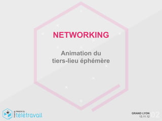 NETWORKING

    Animation du
tiers-lieu éphémère




                      GRAND LYON
                          13.11.12   02
 