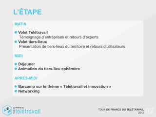 L’ÉTAPE
MATIN

 Volet Télétravail
 Témoignage d’entreprises et retours d’experts
 Volet tiers-lieux
 Présentation de tiers-lieux du territoire et retours d’utilisateurs

MIDI

 Déjeuner
 Animation du tiers-lieu ephémère

APRES-MIDI

 Barcamp sur le thème « Télétravail et innovation »
 Networking



                                                   TOUR DE FRANCE DU TÉLÉTRAVAIL
                                                                            2012   02
 