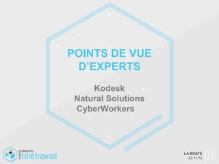 POINTS DE VUE
 D’EXPERTS
     Kodesk
 Natural Solutions
 CyberWorkers




                     LA BOATE
                       22.11.12   02
 