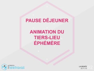 PAUSE DÉJEUNER

 ANIMATION DU
  TIERS-LIEU
  ÉPHÉMÈRE



                 LA BOATE
                   22.11.12   02
 