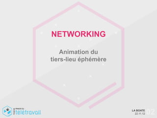 NETWORKING

    Animation du
tiers-lieu éphémère




                      LA BOATE
                        22.11.12   02
 