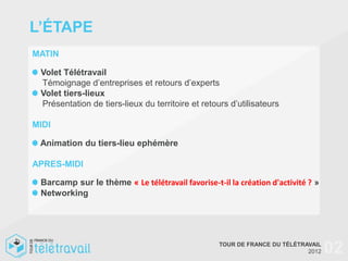 L’ÉTAPE
MATIN

 Volet Télétravail
 Témoignage d’entreprises et retours d’experts
 Volet tiers-lieux
 Présentation de tiers-lieux du territoire et retours d’utilisateurs

MIDI

 Animation du tiers-lieu ephémère

APRES-MIDI

 Barcamp sur le thème « Le télétravail favorise-t-il la création d'activité ? »
 Networking




                                                   TOUR DE FRANCE DU TÉLÉTRAVAIL
                                                                            2012   02
 