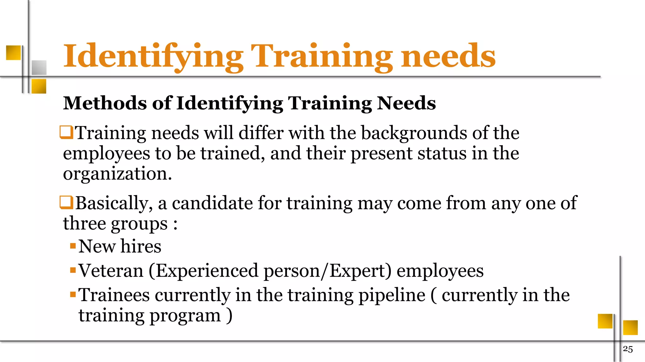 Identifying Training needs
Methods of Identifying Training Needs
Training needs will differ with the backgrounds of the
employees to be trained, and their present status in the
organization.
Basically, a candidate for training may come from any one of
three groups :
New hires
Veteran (Experienced person/Expert) employees
Trainees currently in the training pipeline ( currently in the
training program )
25
 