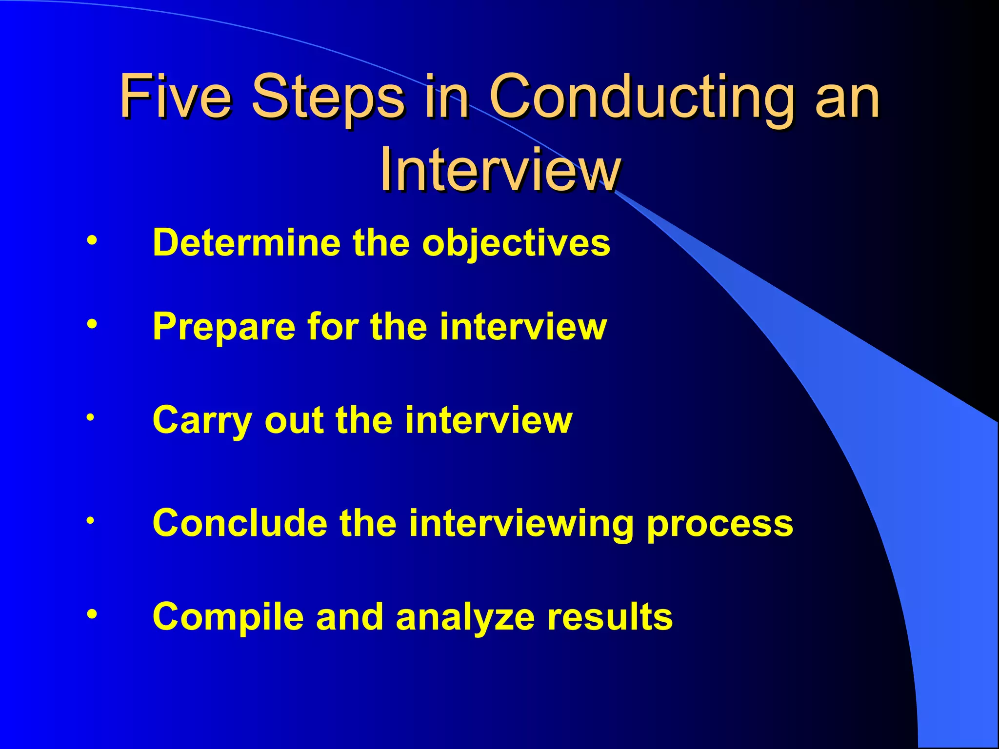 Five Steps in Conducting an Interview Determine the objectives  Prepare for the interview Carry out the interview Conclude the interviewing process Compile and analyze results 