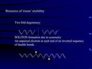 Reasons of trans’ stability Two fold degeneracy SOLITON formation due to symmetry An unpaired electron at each end of an inverted sequence of double bonds 