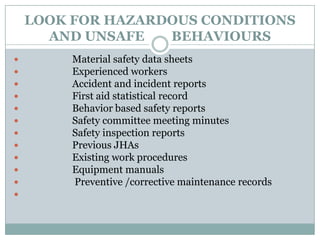 LOOK FOR HAZARDOUS CONDITIONS
      AND UNSAFE   BEHAVIOURS
        Material safety data sheets
        Experienced workers
        Accident and incident reports
        First aid statistical record
        Behavior based safety reports
        Safety committee meeting minutes
        Safety inspection reports
        Previous JHAs
        Existing work procedures
        Equipment manuals
        Preventive /corrective maintenance records

 